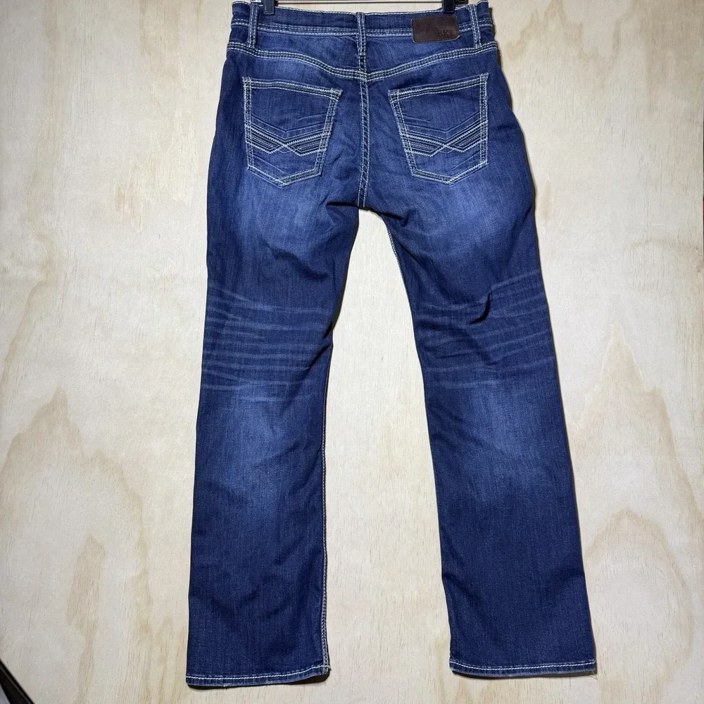 BKE Carter Mens Jeans 33R Bootleg Medium Wash Thick Stitch Western Denim